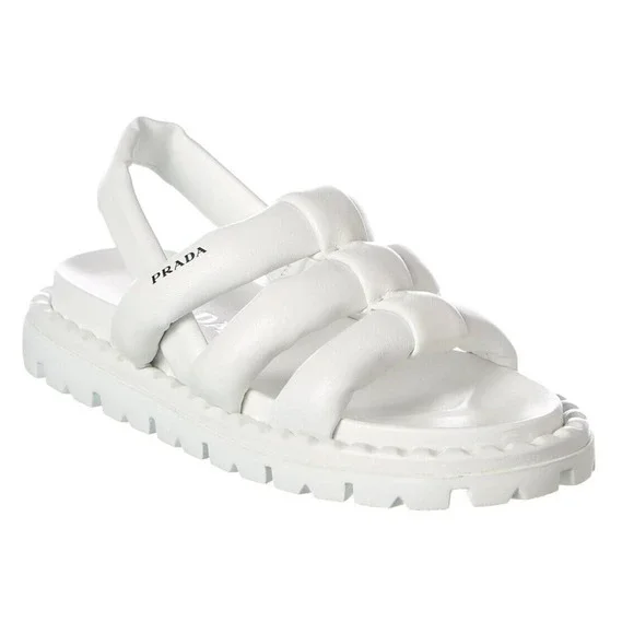 Prada Blow White Padded Leather Logo Strappy Slingback Sport Sandal Flat 40 - Picture 1 of 10